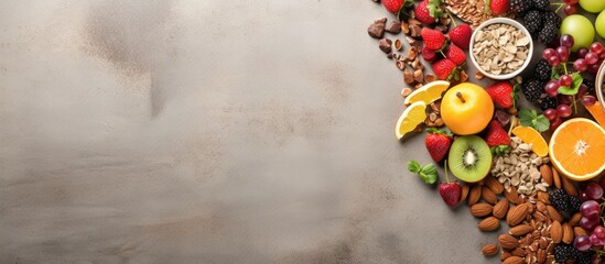 Healthy snack with cereal, granola, nuts, fruit berries, and ingredients displayed on a stone table, viewed from above.
