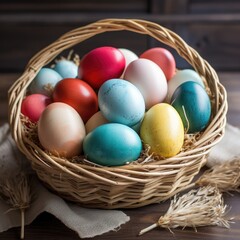 Fototapeta na wymiar A basket of brightly colored easter eggs in a basket. Sitting on a rustic wooden table.