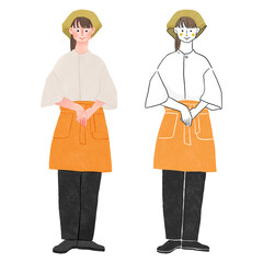 飲食店で働くエプロンをする女性全身手描きイラスト