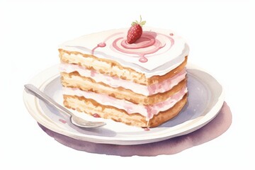 Watercolor illustration of a piece of cake on a saucer on a white background. AI generative