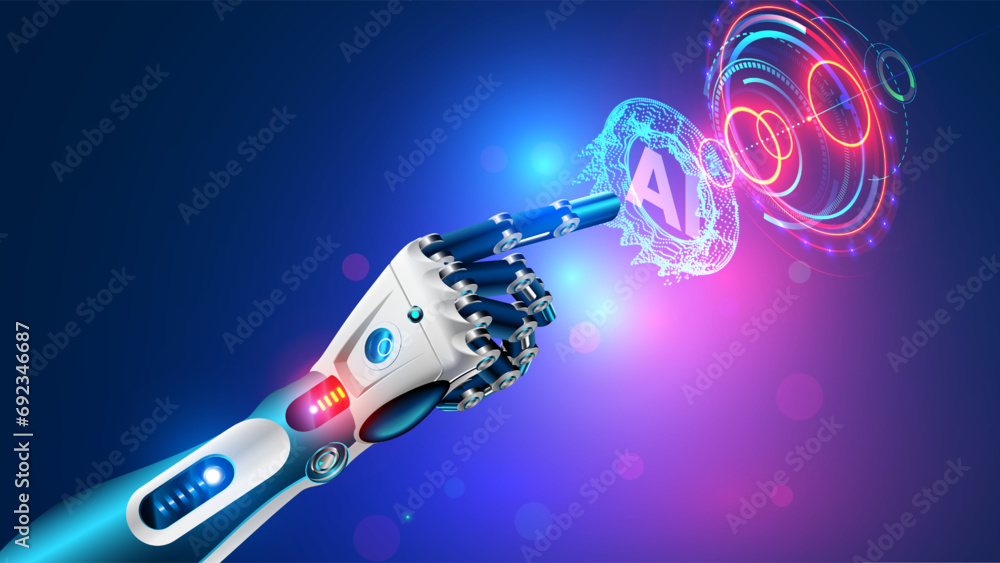 Poster Robot arm with artificial intelligence presses a button with an AI logo. The cyborg hand touches the holographic interface with his index finger. AI bot in Industry 4.0. AI robotic hand tap HUD screen