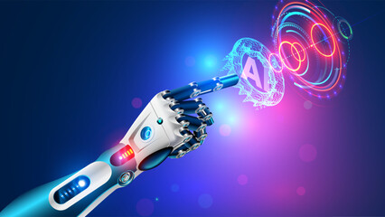 Robot arm with artificial intelligence presses a button with an AI logo. The cyborg hand touches the holographic interface with his index finger. AI bot in Industry 4.0. AI robotic hand tap HUD screen