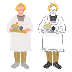 飲食店で働く割烹着の女性全身手描きイラスト