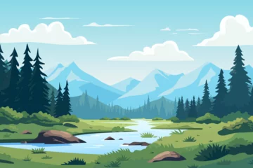 Poster Beautiful landscape. A magnificent forest clearing with a river bank against the backdrop of amazing mountains. Vector illustration of a spring or summer landscape. © LoveSan