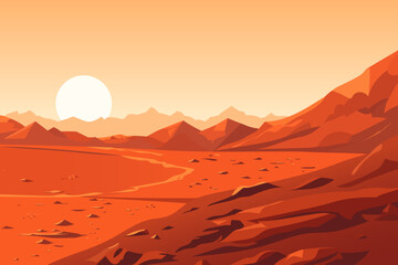  Mars. Beautiful Martian landscape with mountains. Amazing view of the crater against the backdrop of red mountains and rocks. Vector illustration for design.