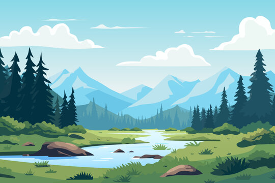 Beautiful landscape. A magnificent forest clearing with a river bank against the backdrop of amazing mountains. Vector illustration of a spring or summer landscape.
