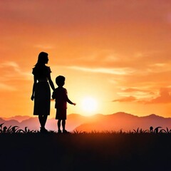 Fototapeta na wymiar silhouette of a mother with children, mother day concept