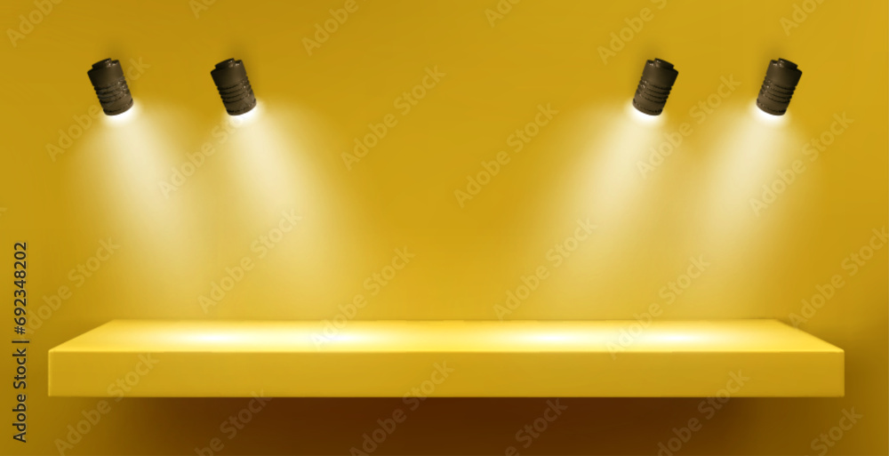 Poster wall with shelf and spot light lamp for product display. realistic vector illustration of empty plat