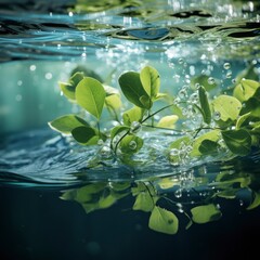 Green Leaves On Water Surface Beautiful, White Background, For Design And Printing