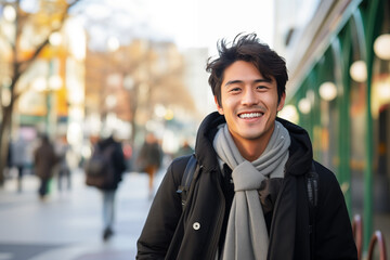Joyful Japanese Man in Urban Setting