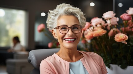 Elderly woman smiling while sitting in dental chair - obrazy, fototapety, plakaty