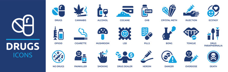 Drugs icon set. Containing pills, alcohol, cannabis, cocaine, GHB, drug dealer, LSD, ecstasy and more. Vector solid icons collection.