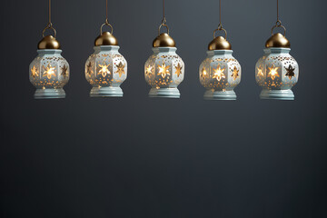 Generative AI Image of White Hanging Lanterns Decoration with Blank Space on Grey Wall Background
