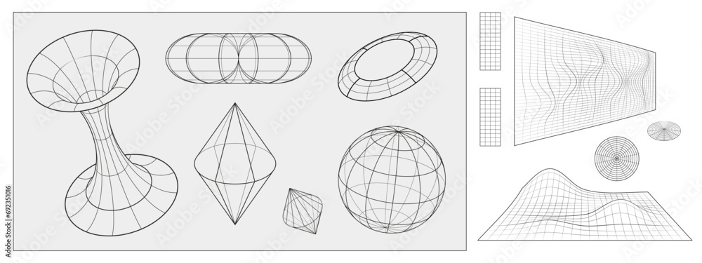 Poster y2k monochrome grid abstract shape and waved surface. vector set of retro futuristic wireframe geome