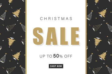 Christmas sale banner template. Advertising background with christmas trees. Promotion poster with button Shop Now. Discount 50. Vector illustration in flat cartoon style.