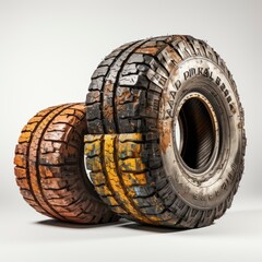 Old Worn Damaged Tires, White Background, For Design And Printing