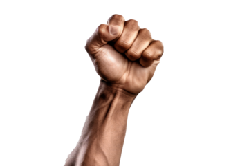 Close up of Raised fist isolated on transparent background. generative ai.