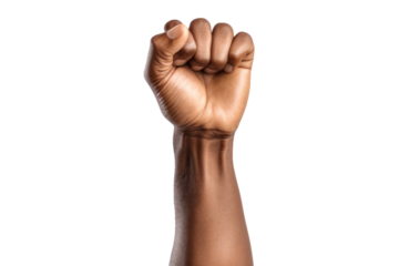 Close up of Raised fist isolated on transparent background. generative ai.