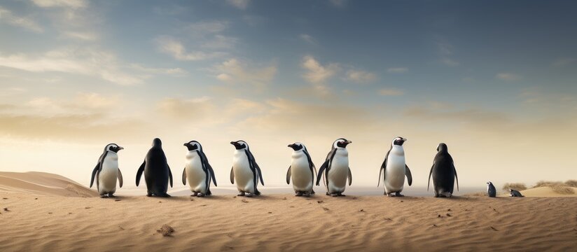 Penguins in desert, high-quality photo realism.