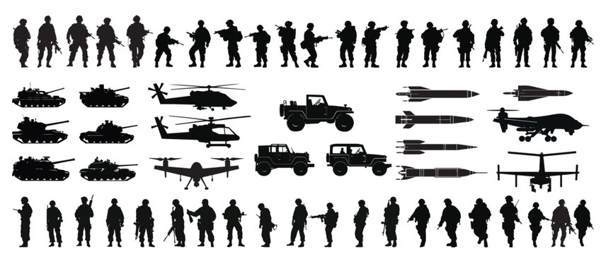 Military silhouette illustration set and equipment of the American military.Black and white vector clip Art