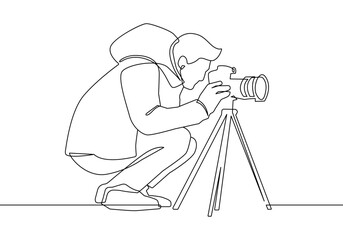 Photographer with Camera Continuous One Line Drawing. Photographing Concept Simple Line Art Illustration for Logo, Print, Poster, Banner in Minimalist Modern Design. Vector EPS 10	