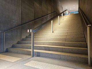 Light Beam on Empty Stair Steps with Handrail.