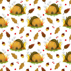 seamless pattern of small forest houses on a white background