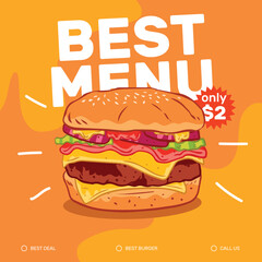Hand drawn big burger doodle illustration promotional social media template