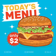 Hand drawn big burger doodle illustration promotional social media template