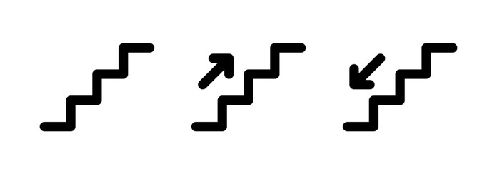 Stairs up and down icon with arrow. Stairway direction sign. Up and down stair symbol. Escalator black pictogram. Vector illustration isolated on white background. Editable stroke.