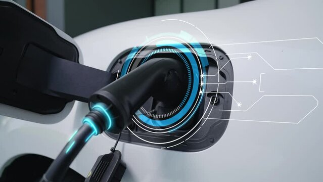 Electric car recharging in futuristic home charging station with smart digital EV battery status hologram. Technology advancement of EV car and home energy infrastructure for sustainable future.Peruse