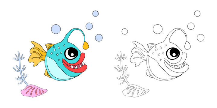 Coloring book Angler fish with shells, bubbles and algae in the ocean. For posters, prints on clothes. Vector