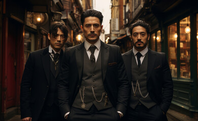 A tough gangster man in an elegant black suit and a white hat sits in a chair with a gun in his hand in a luxury apartment. Retro style. The criminal world of the mafia. Detective movie