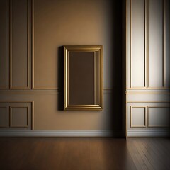 A single empty frame in a shiny gold metal finish, mounted vertically on a warm-toned ochre wall in a room with warm-toned walls and a hardwood floor in a dark walnut stain.

 - obrazy, fototapety, plakaty