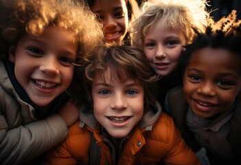 Children in circle smiling outdoor.