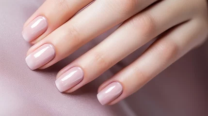 Fototapeten Woman hand with nude shades nail polish on her fingernails. Nude color nail manicure with gel polish at luxury beauty salon. Nail art and design. Female hand model. French manicure. © Artinun