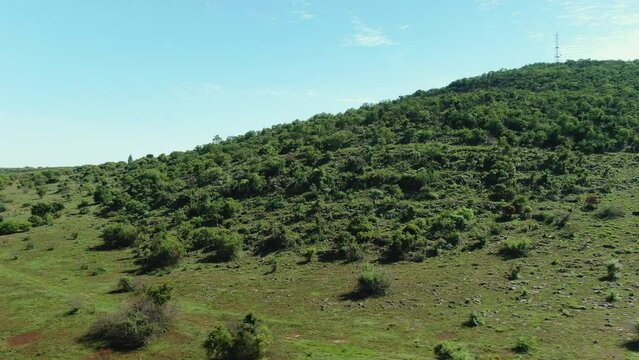 drone aerial of hill with a radio mast at the summit green follage