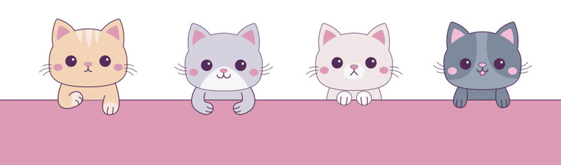 Cat set hanging on paper. Funny Kawaii pet animal. Kitten with holding hands. Paw print on the table. Line contour silhouette. . Cute cartoon doodle baby character. Flat design. Pink background.