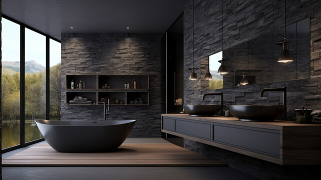 Bathroom interior design with double sink and matte glass