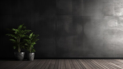 black and concrete wall empty room with wooden floor material