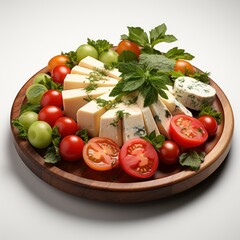 Salad Cheese Fresh Vegetables, White Background, For Design And Printing