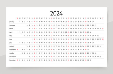 Calendar 2024 year. Linear planner template. Horizontal yearly calender. Week starts Sunday. Long annual schedule grid with 12 months. Landscape orientation, english. Vector illustration Simple design