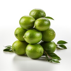 Stacked Whole Cut Limes On White, White Background, For Design And Printing