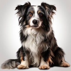 Studio Shot Adorable Border Collie Sitting, White Background, For Design And Printing