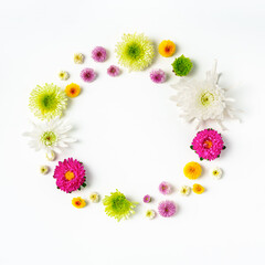 Small spring flowers arranged on white background