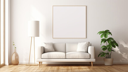 Blank frame in bright modern living room with white sofa contemporary