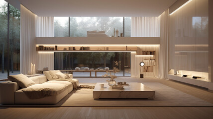 Bright open plan interior with wide luminous screen inside