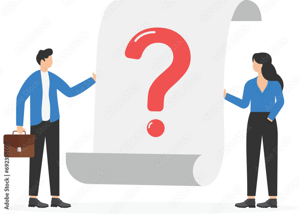 Poster frequently asked questions. technical support workers. business team stands near a large question ma