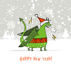 Funny Dragon character with Santa hat in winter forest. Symbol of Chinese New Year 2024. Greeting card design