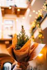 Hands with a small tree dressed up for Christmas, garlands